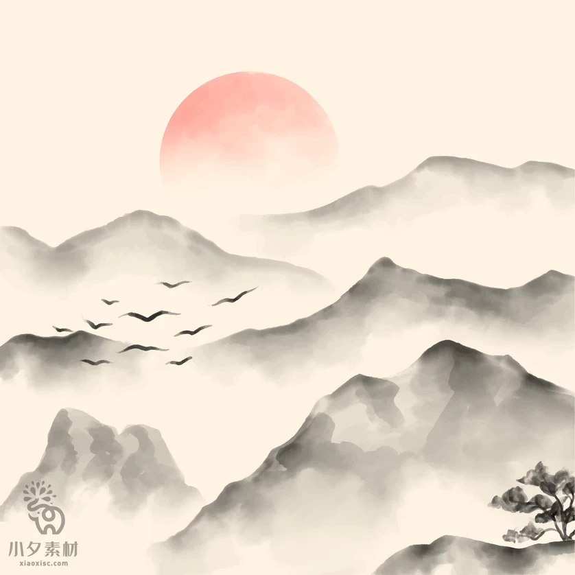 中国风中式禅意水彩水墨山水风景国画背景图案插画AI矢量设计素材【003】